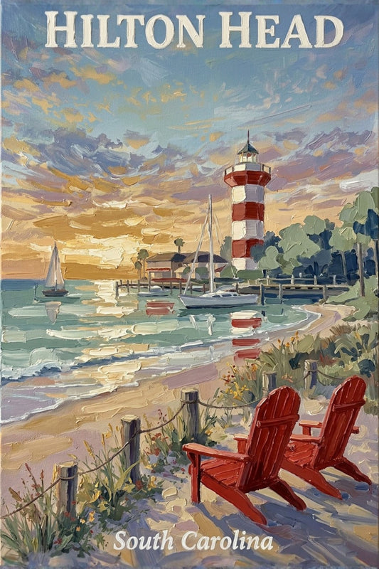 Hilton Head Sunset at Harbour Town Lighthouse | Ocean Print| Beach Art| Travel Poster| Giclee Paper- Wood- Metal- Canvas