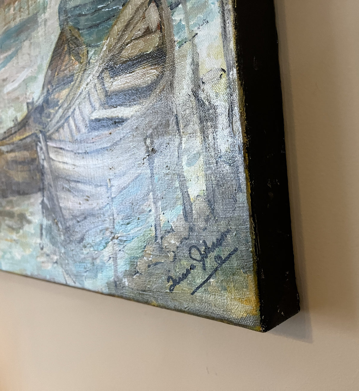 Rainy Harbor Acrylic Fishing boat Impressionist Wall Art | Original Coastal Acrylic Painting| Rainy Harbor (8x10x .5-inch) | Teresa Johnson