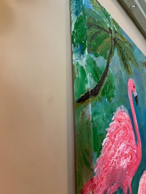 Pink Flamingo Paradise  40 x 60 inches | Original Oil Painting on Gallery-Wrapped Canvas