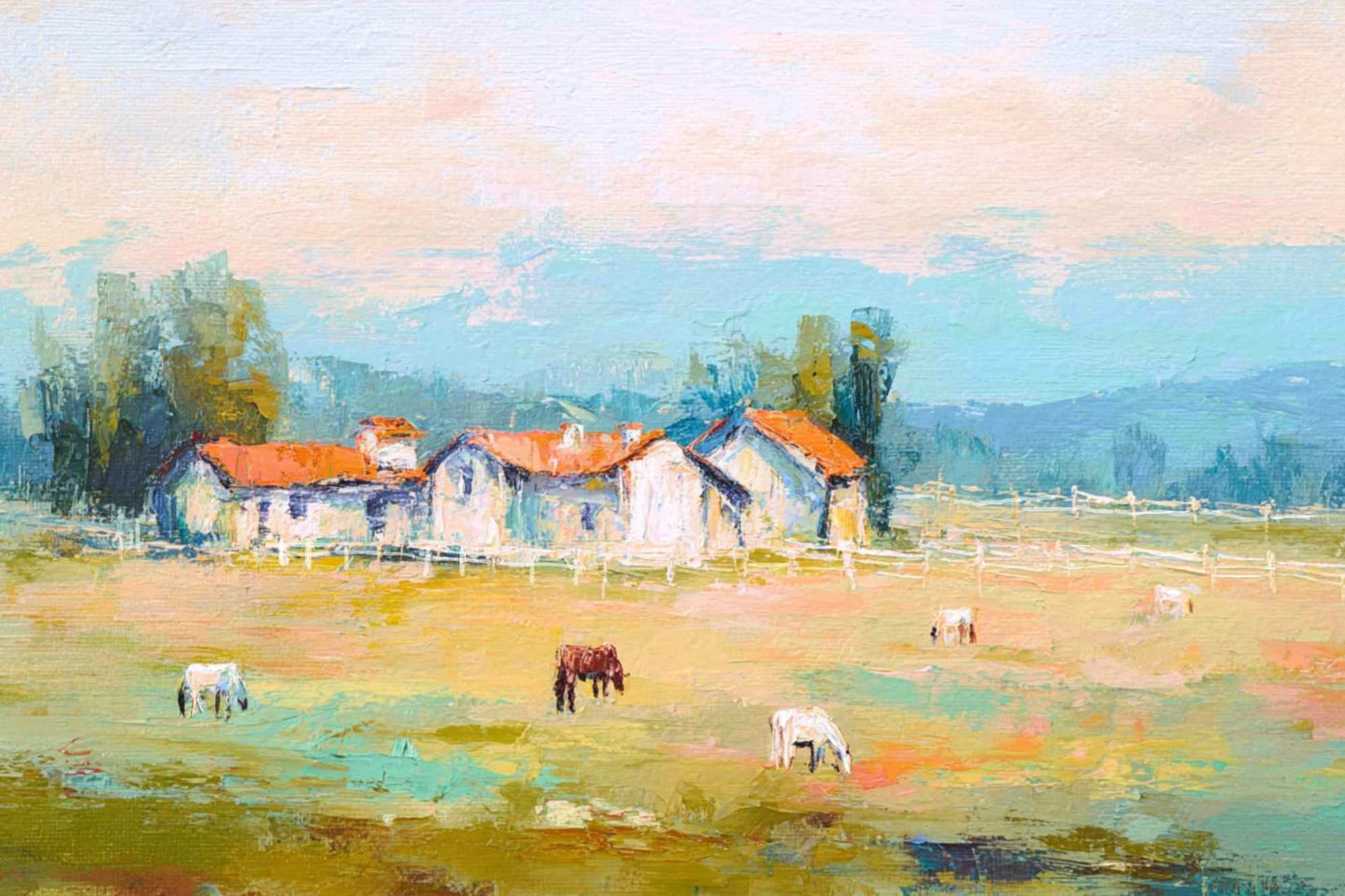 Tuscan Horse Farm at Dusk – Impressionist Landscape Print, Equestrian Wall Art, Giclée on Canvas, Wood, Metal & Fine Art Paper