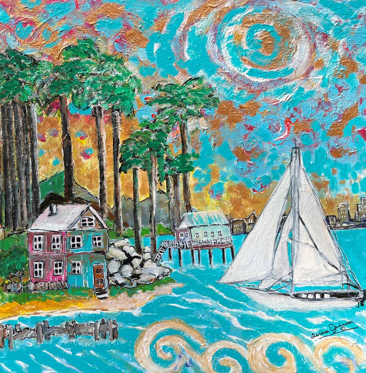 Tropical Island Art |Original Acrylic Painting| Island Days (24x24x1,5-inch)| Textured Impressionist Wall Art | Teresa Johnson