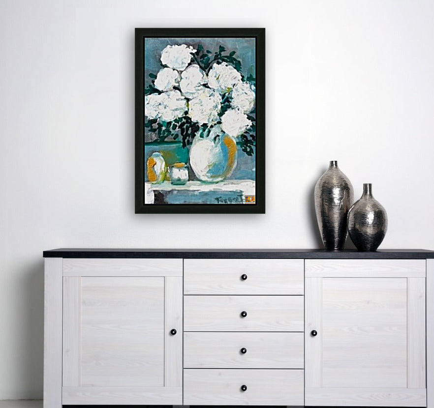 White Hydrangeas Floral Arrangement | Original Floral Art | Giclée Paper • Wood • Metal • Canvas
