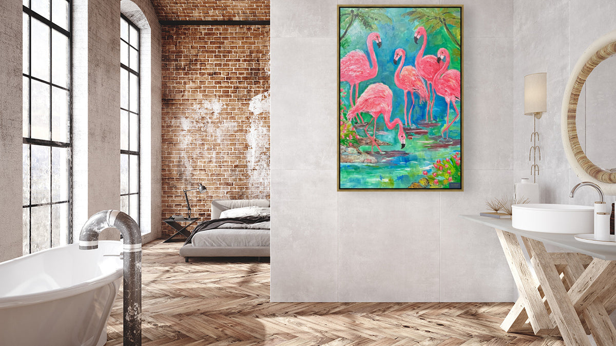 Pink Flamingo Paradise|Tropical Birds| Giclee Paper- Wood- Metal- Canvas