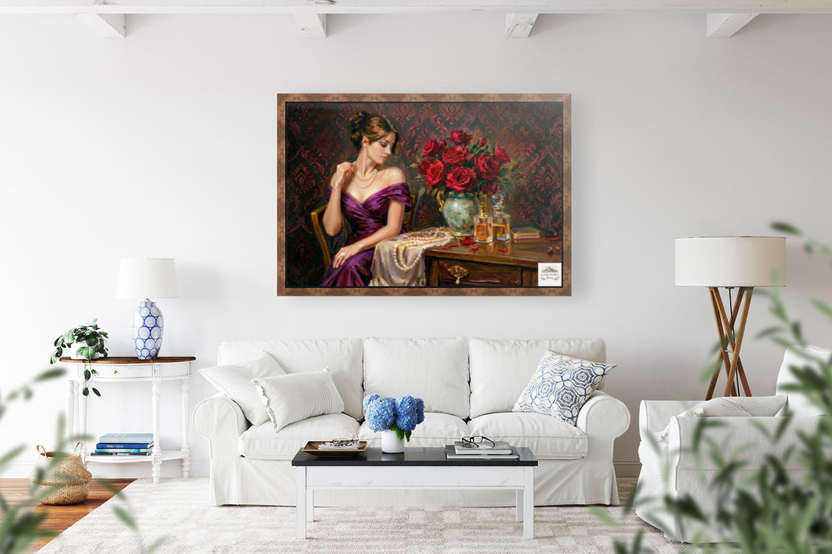 Lady of the Crimson Roses | Elegant Woman Portrait | Vintage Victorian Wall Art | Romantic Floral Giclée Print | Elegant Woman with Roses | Vintage Portrait Wall Art | Romantic Victorian Decor | Giclée Print on Paper, Canvas, Wood & Metal