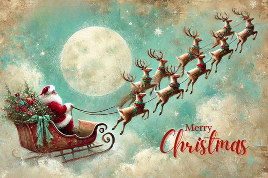 Merry Christmas to All| Santa in his Sleigh Holiday art| Prints and Canvas-Giclee Paper- Wood- Metal