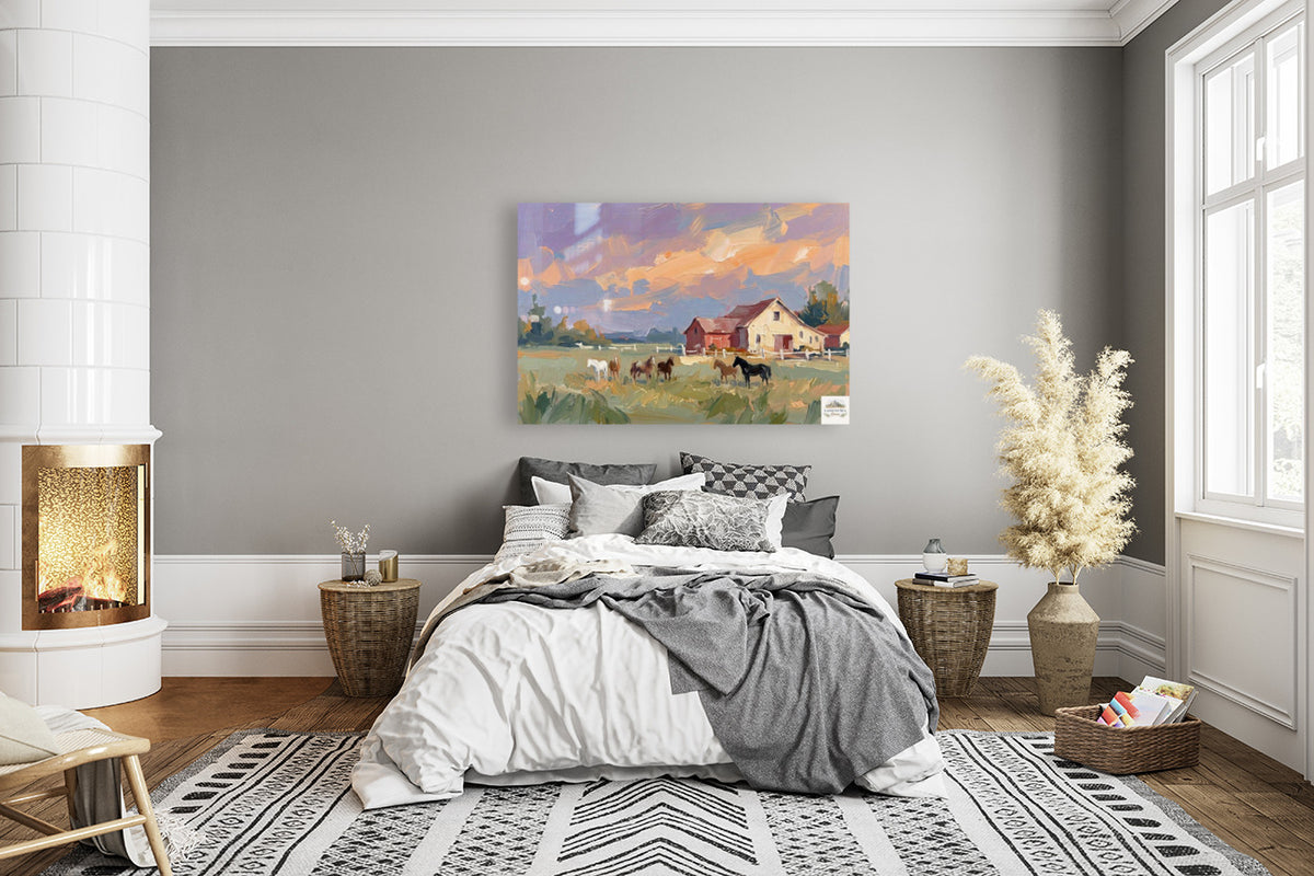 Spring Morning Stables |Pastel Impressionist Print| Horse Farm Print| Equestrian Wall Art| Giclée on Canvas, Wood, Metal, Fine Art Paper
