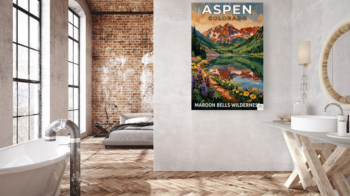 Aspen Colorado – Maroon Bells Wilderness | Mountain Lake Travel Poster | Impressionist Rocky Mountain Wall Print| Giclée Canvas, Metal, Wood & Paper Print