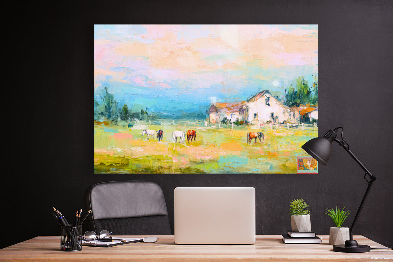 Spring Morning Stables – Pastel Impressionist Horse Farm Print, Equestrian Wall Art, Giclée on Canvas, Wood, Metal & Fine Art Paper