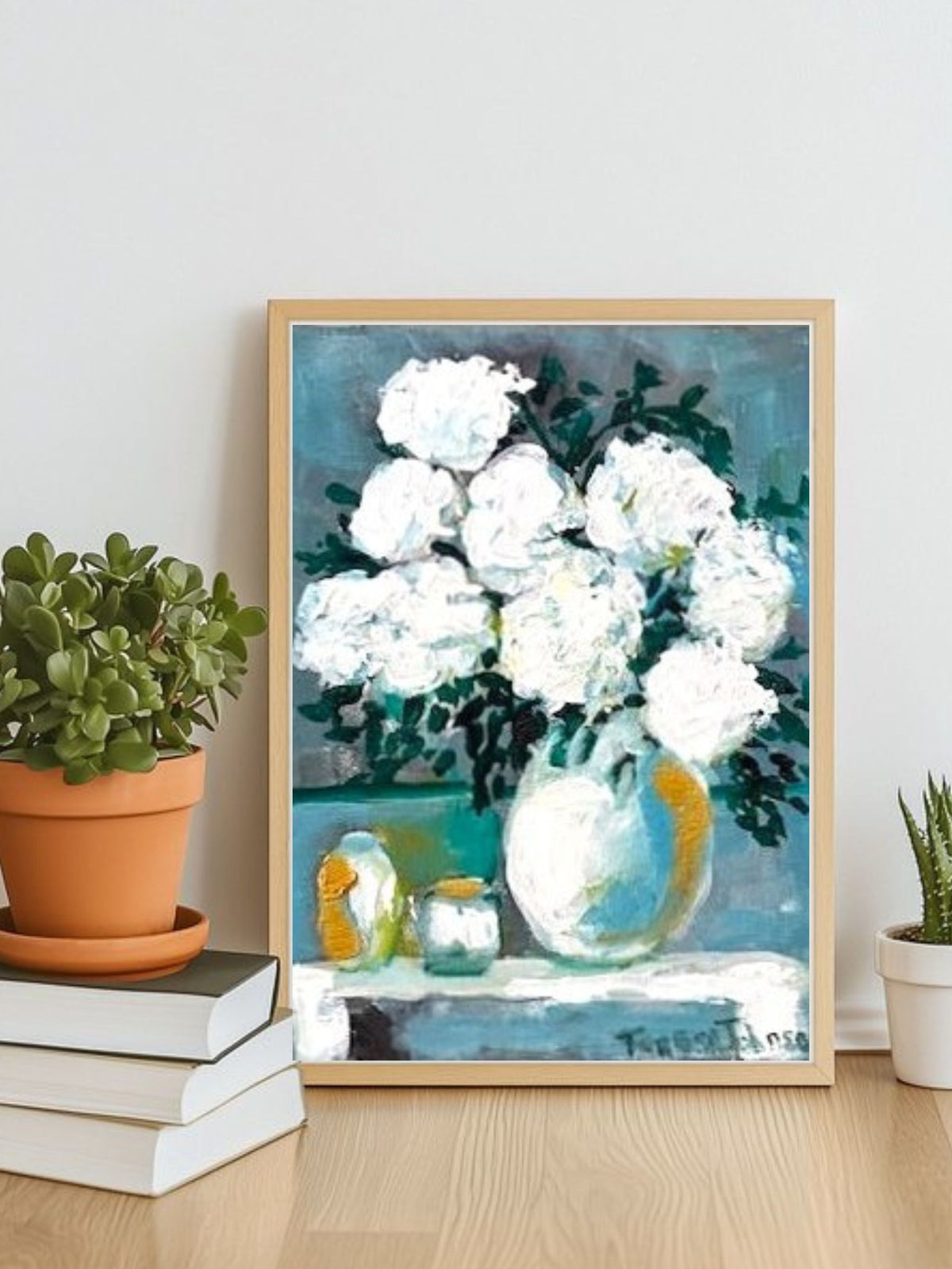 White Hydrangeas Floral Arrangement | Original Acrylic Painting| (8x10x .05-inch) Textured Impressionist Wall Art | Teresa Johnson