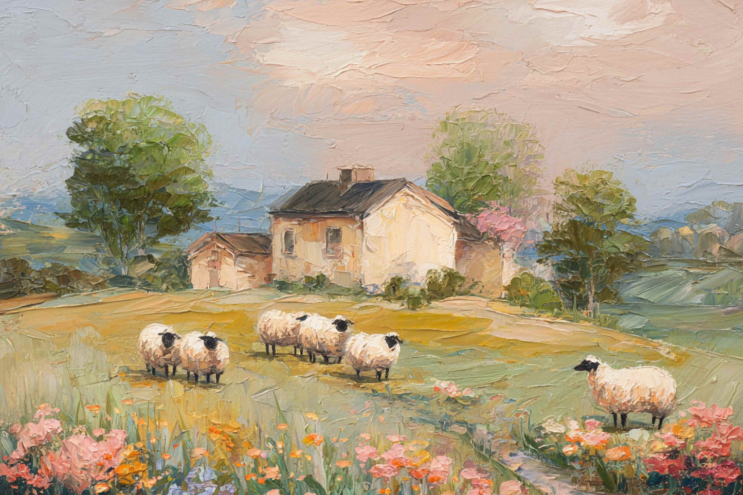 Cotswolds Sheep Farm – Impressionist English Countryside Painting, Sheep & Wildflowers Wall Art, Giclée on Canvas, Wood, Metal & Fine Art Paper