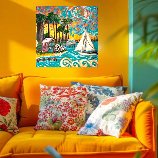 Tropical Island Art |Original Acrylic Painting| Island Days (24x24x1,5-inch)| Textured Impressionist Wall Art | Teresa Johnson