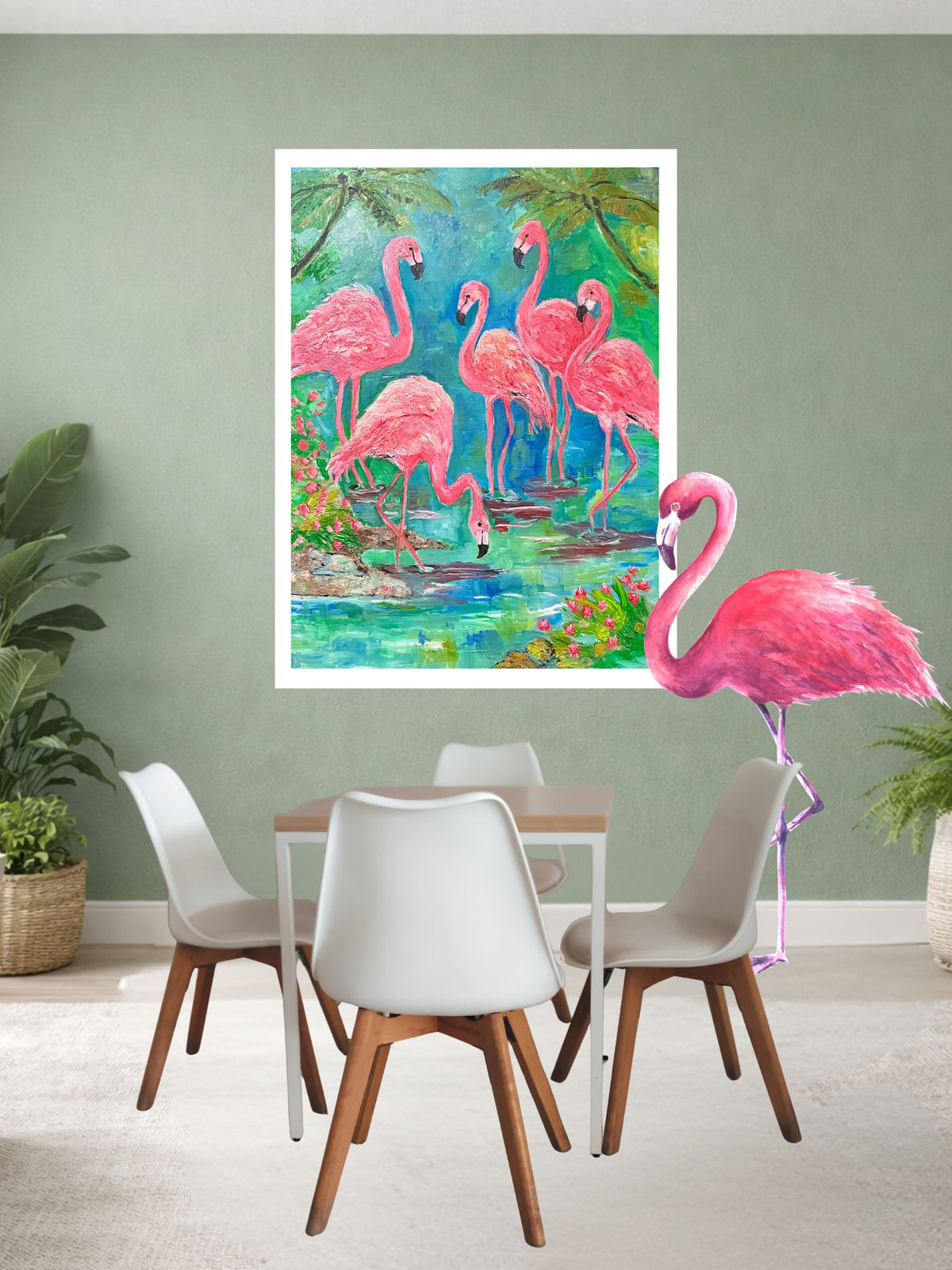 Pink Flamingo Paradise|Tropical Birds| Giclee Paper- Wood- Metal- Canvas