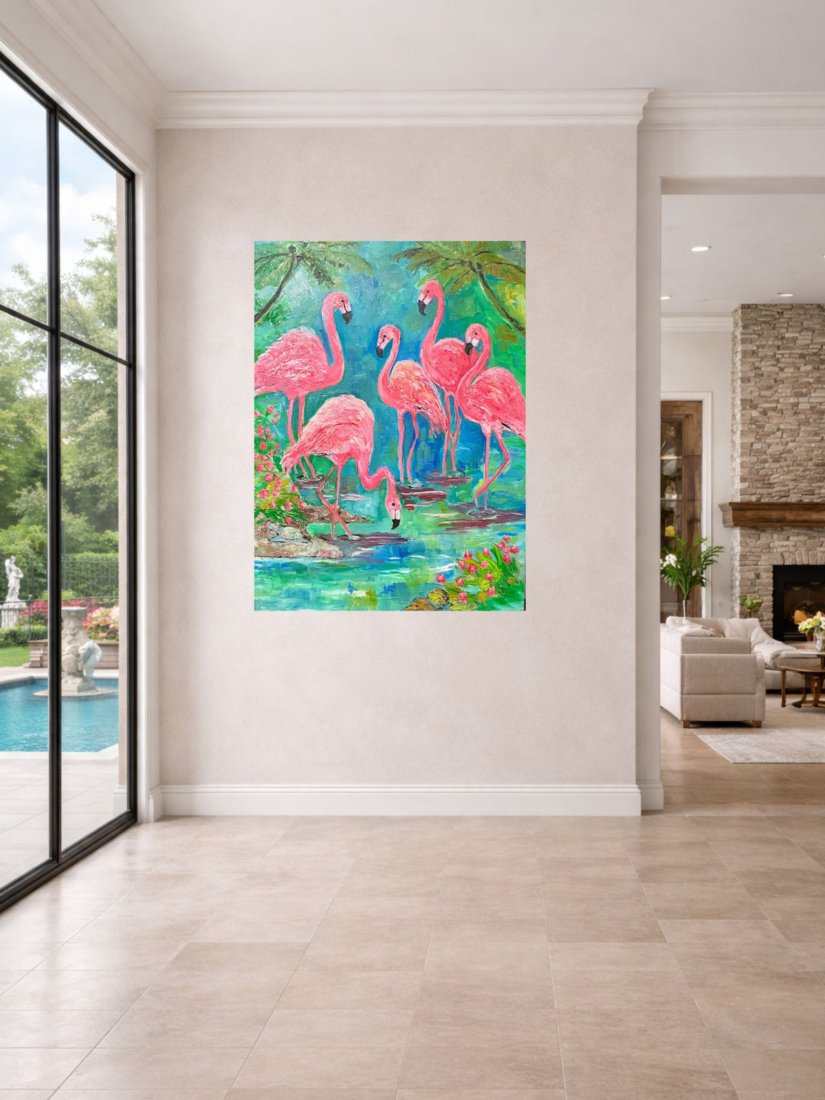 Pink Flamingo Paradise  40 x 60 inches | Original Oil Painting on Gallery-Wrapped Canvas