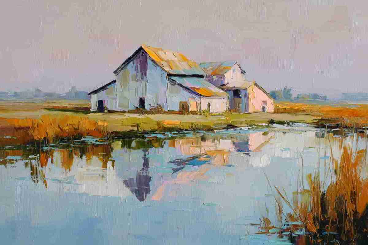 Still Water Farm – Impressionist Barn Reflection Painting, Farmhouse Wall Art, Giclée on Canvas, Wood, Metal & Fine Art Paper
