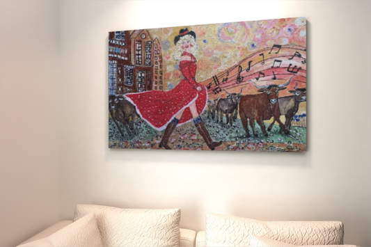 Impressionist whimsical western art – Original Acrylic Painting | The Singing Cowgirl (36 x24x 1.5 inch) Cow painting| Teresa Johnson