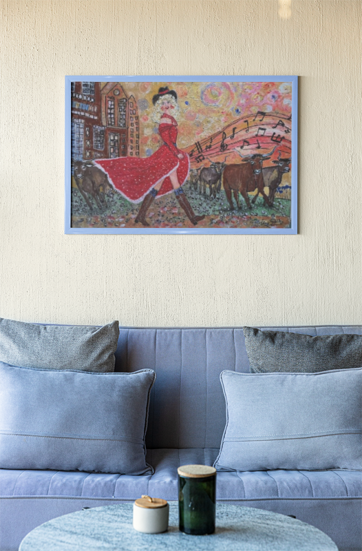 Impressionist whimsical western art – Original Acrylic Painting | The Singing Cowgirl (36 x24x 1.5 inch) Cow painting| Teresa Johnson
