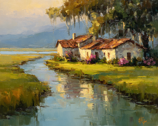 Spanish Moss Cottage – Impressionist Lowcountry Marsh Painting, Southern Coastal Wall Art, Giclée on Canvas, Wood, Metal & Fine Art Paper