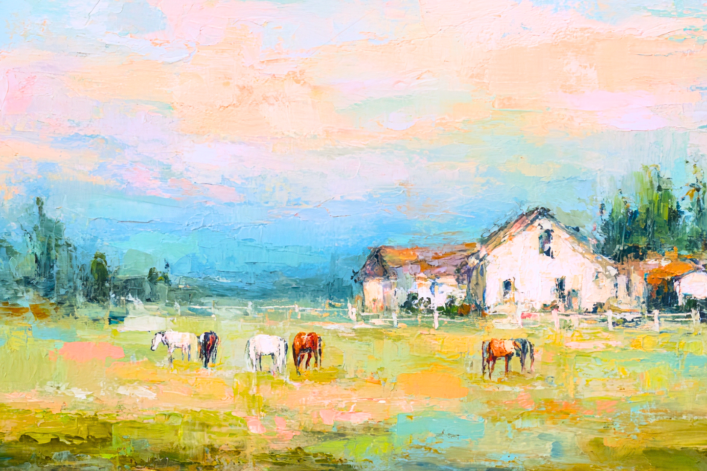 Spring Morning Stables – Pastel Impressionist Horse Farm Print, Equestrian Wall Art, Giclée on Canvas, Wood, Metal & Fine Art Paper