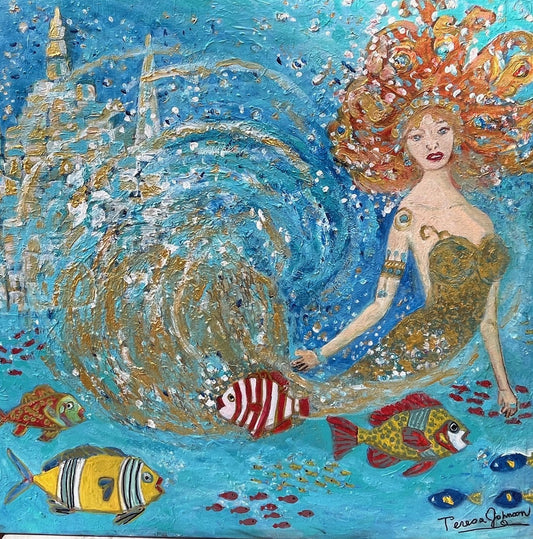Nautica mermaid art – Original Acrylic Painting| (24x12x 1.5-inch) Textured Impressionist Wall Art | Teresa Johnson