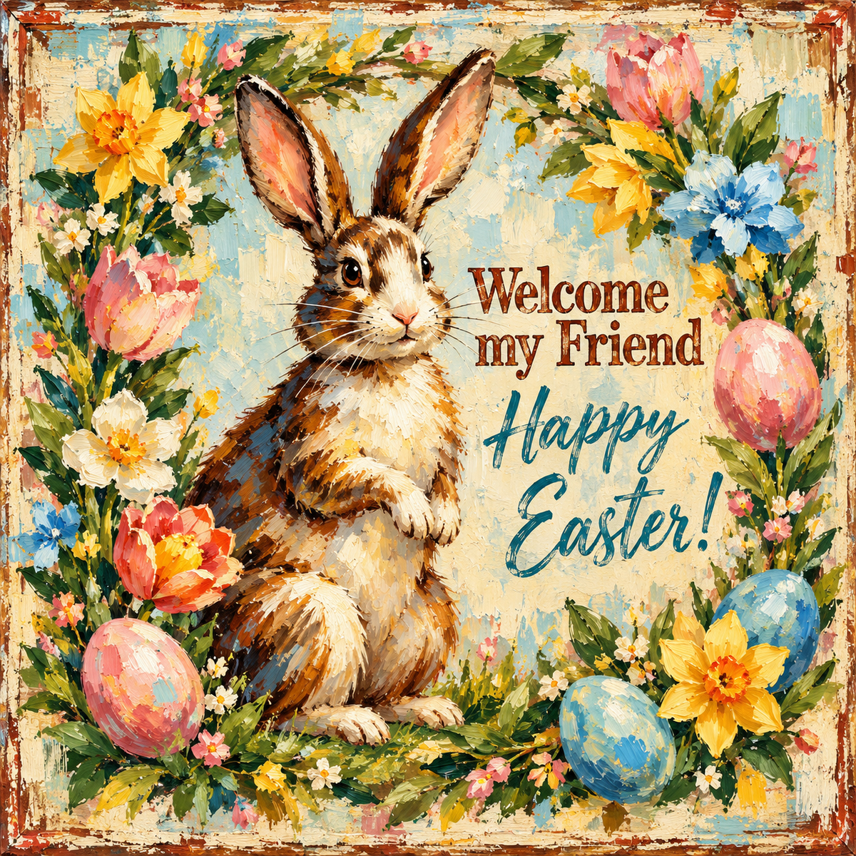 Vintage Welcome My Friend Easter Bunny| Giclee Prints, Canvas, Wood, or Metal Art
