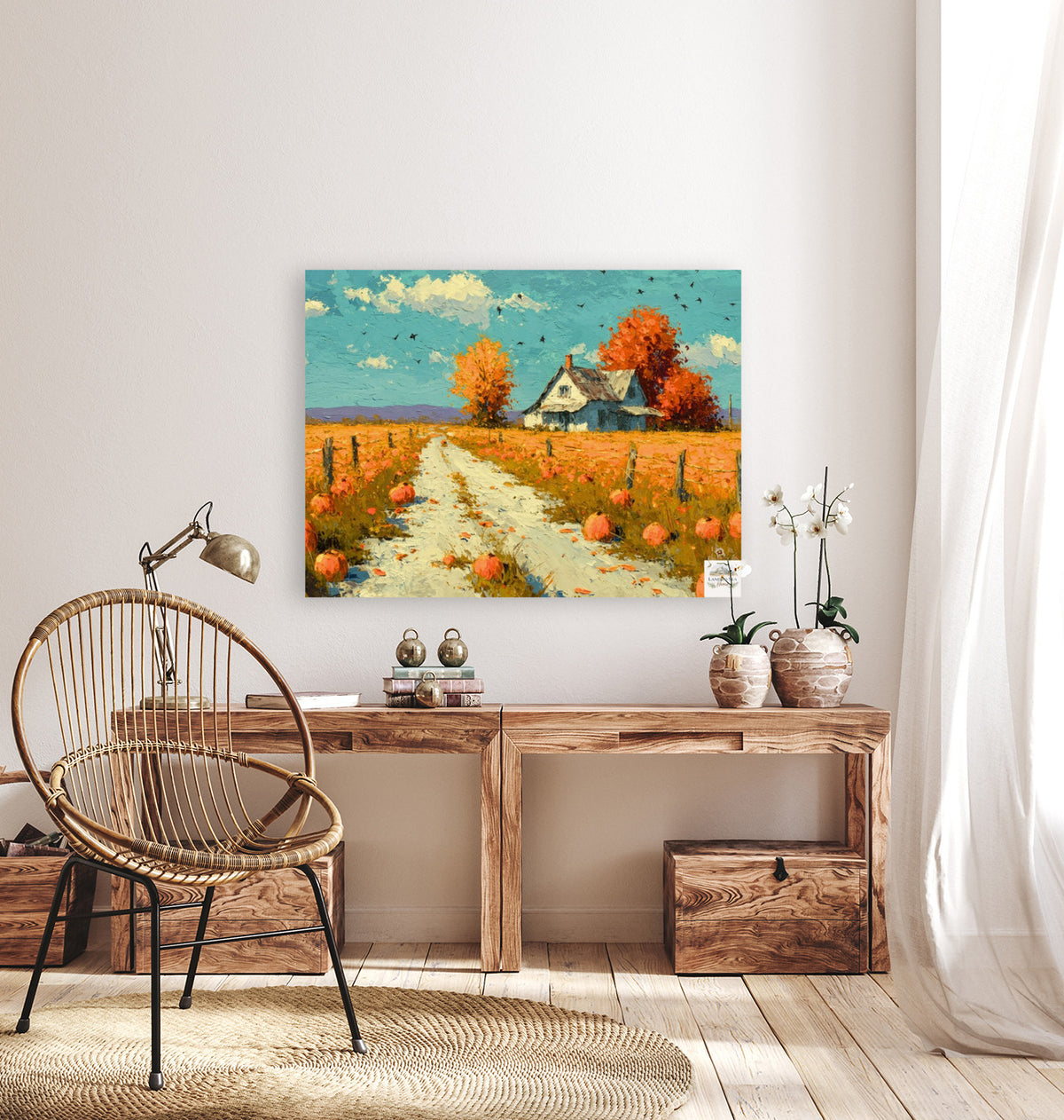 Autumn Farm Road | Fall Farmhouse Landscape Art | Pumpkin Patch Decor | Giclee Paper • Wood • Metal • Canvas