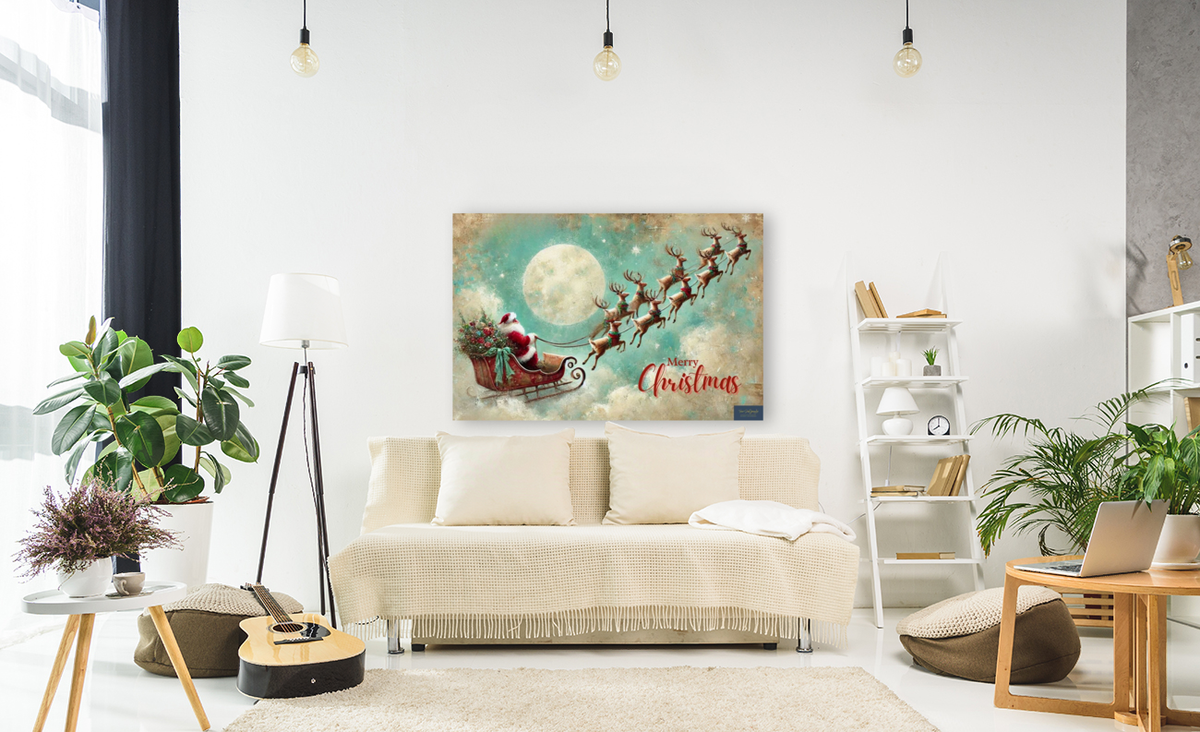 Merry Christmas to All| Santa in his Sleigh Holiday art| Prints and Canvas-Giclee Paper- Wood- Metal