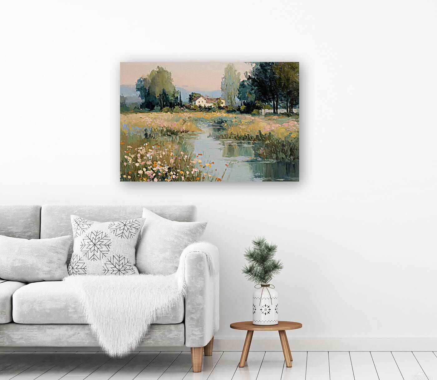 Gentle Waters Cottage – Impressionist Stream and Wildflower Painting, Cottage Garden Wall Art, Giclée on Canvas, Wood, Metal & Fine Art Paper