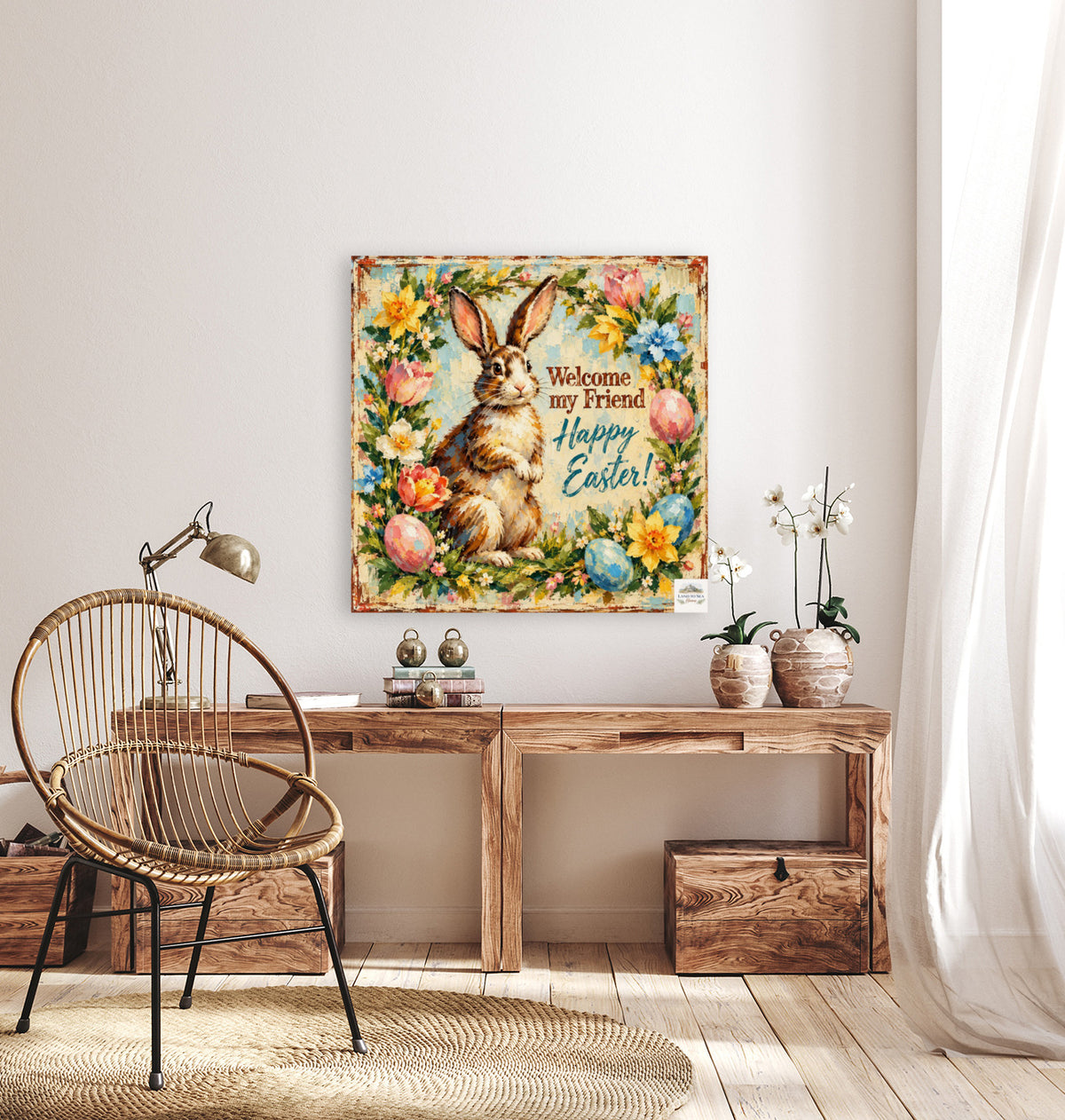 Vintage Welcome My Friend Easter Bunny| Giclee Prints, Canvas, Wood, or Metal Art