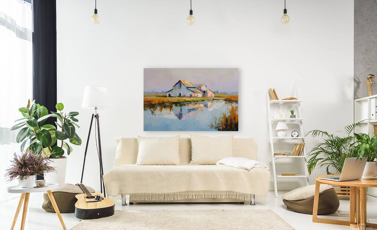 Still Water Farm – Impressionist Barn Reflection Painting, Farmhouse Wall Art, Giclée on Canvas, Wood, Metal & Fine Art Paper