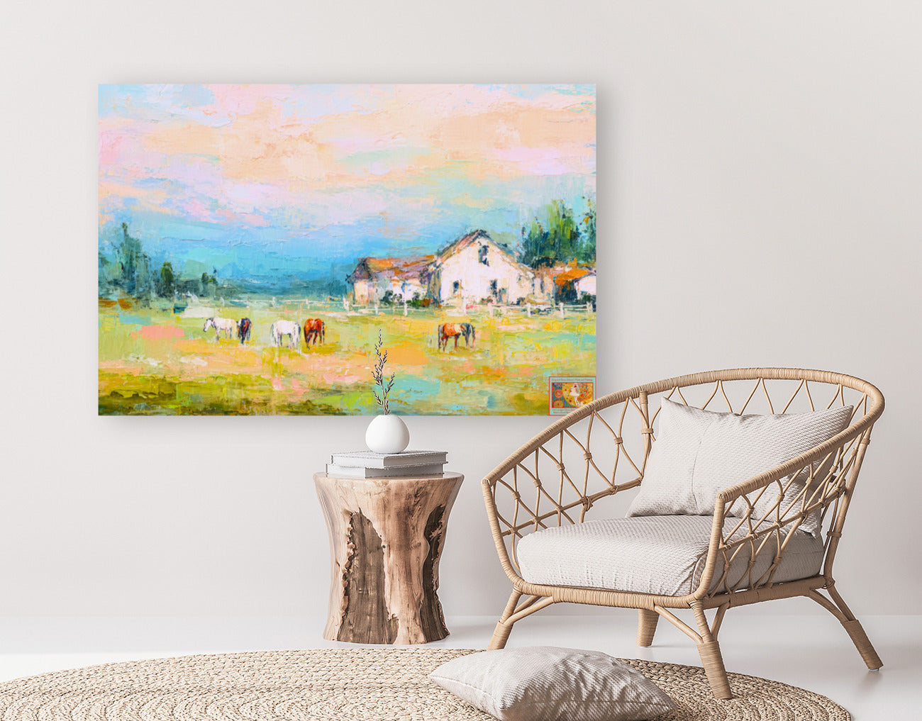 Spring Morning Stables – Pastel Impressionist Horse Farm Print, Equestrian Wall Art, Giclée on Canvas, Wood, Metal & Fine Art Paper