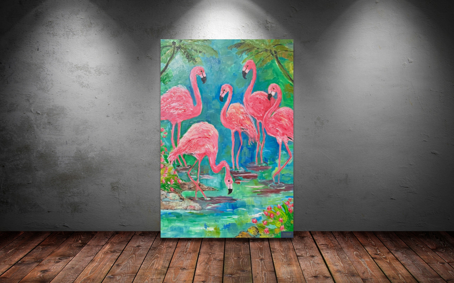 Pink Flamingo Paradise|Tropical Birds| Giclee Paper- Wood- Metal- Canvas