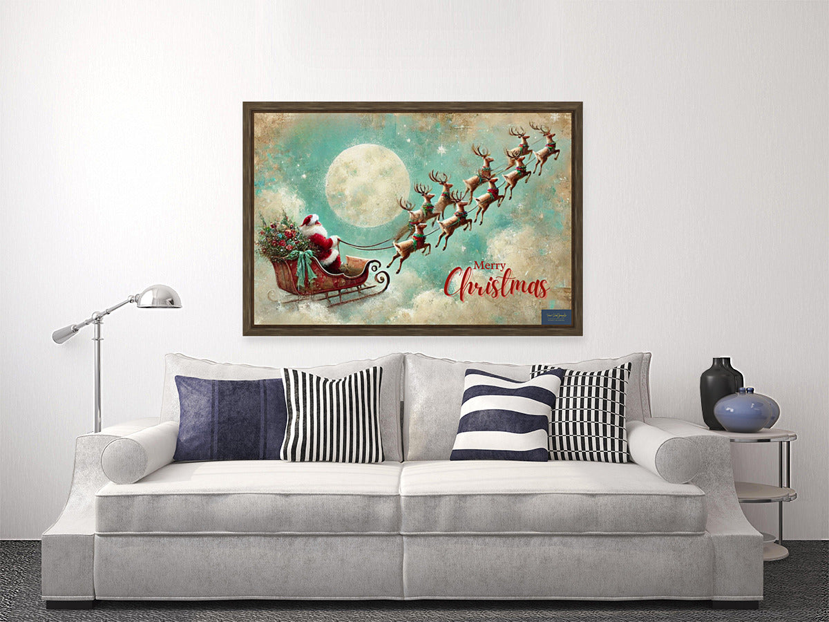 Merry Christmas to All| Santa in his Sleigh Holiday art| Prints and Canvas-Giclee Paper- Wood- Metal