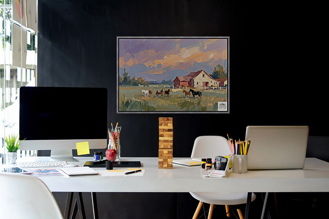 Spring Morning Stables |Pastel Impressionist Print| Horse Farm Print| Equestrian Wall Art| Giclée on Canvas, Wood, Metal, Fine Art Paper
