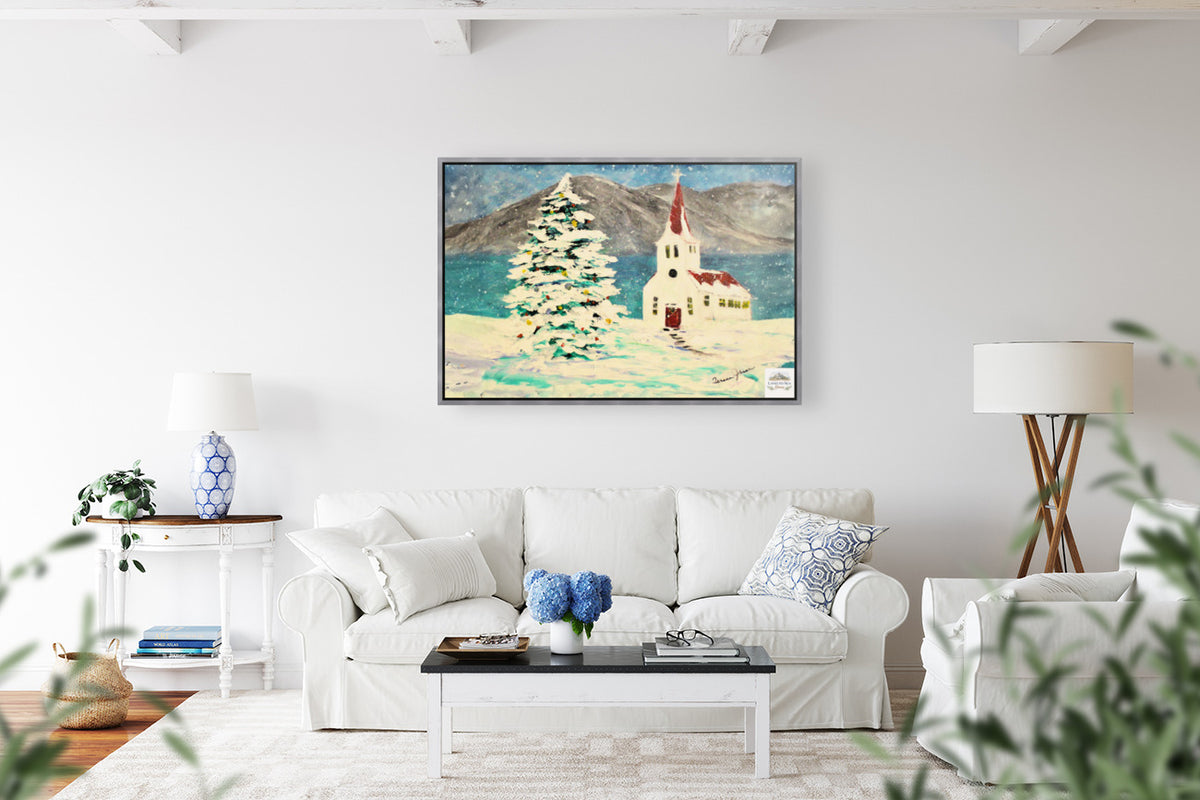 Church In the Rockies| Christmas Tree in Snow art| Giclee Paper- Wood- Metal- Canvas