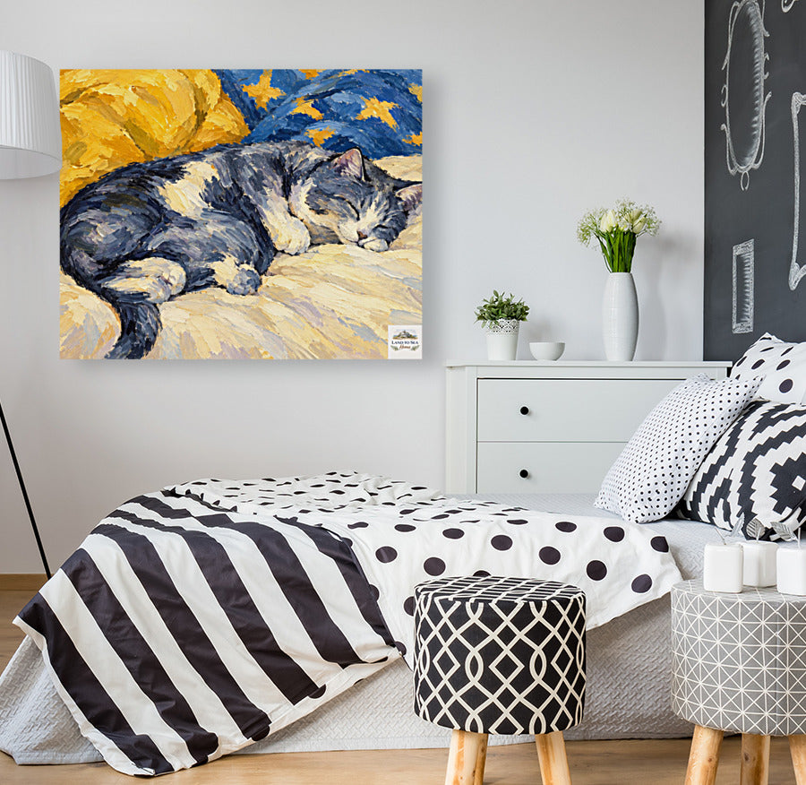 Catnapping Sleeping Cat Art | Impressionist Cat Print | Canvas, Giclee Paper, Wood or Metal