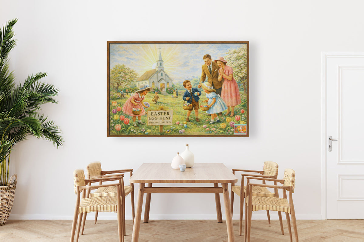 Easter Egg Hunt At the Country Church | Giclee Paper, Prints, Canvas, Wood, or Metal Art
