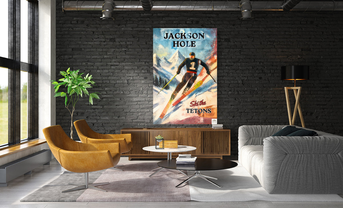 Jackson Hole | Ski the Tetons | Vintage Style Ski Art | Giclée Paper • Wood • Metal • Canvas