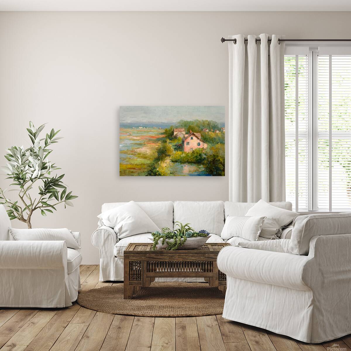 The Pink Cottage – Impressionist Marsh Cottage Painting, Coastal Wall Art, Romantic Cottage Print, Giclée on Canvas, Wood, Metal & Fine Art Paper