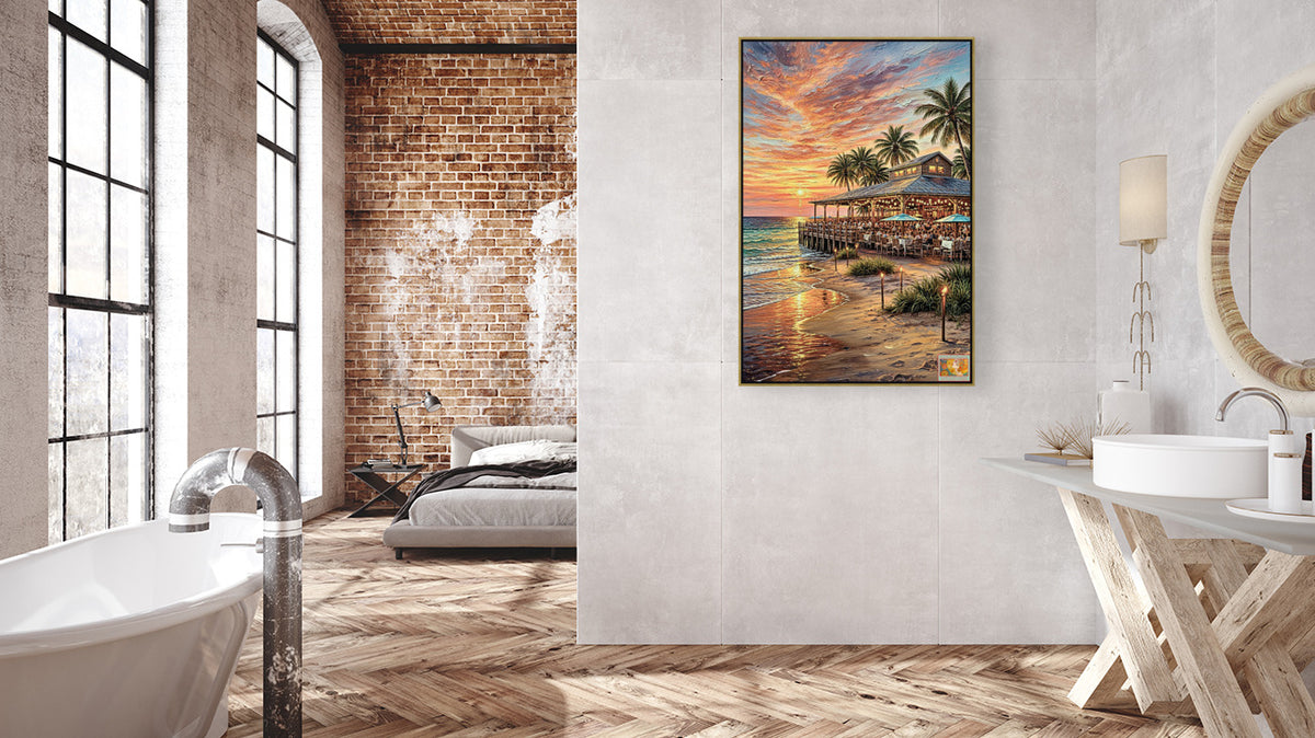 Beachside Dining At Sunset| Coastal Print| Vacation Art| Ocean Beach Print| Travel Poster| Giclee Paper- Wood- Metal- Canvas