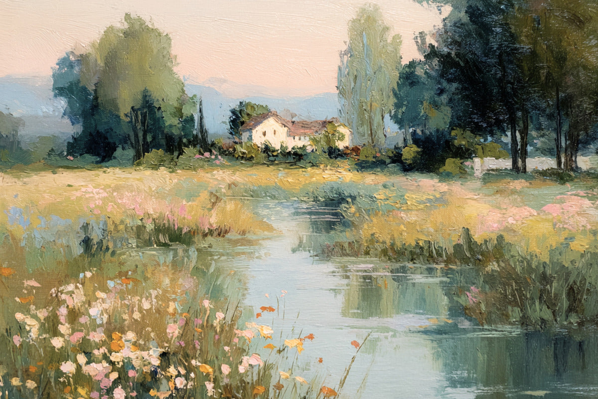 Gentle Waters Cottage – Impressionist Stream and Wildflower Painting, Cottage Garden Wall Art, Giclée on Canvas, Wood, Metal & Fine Art Paper