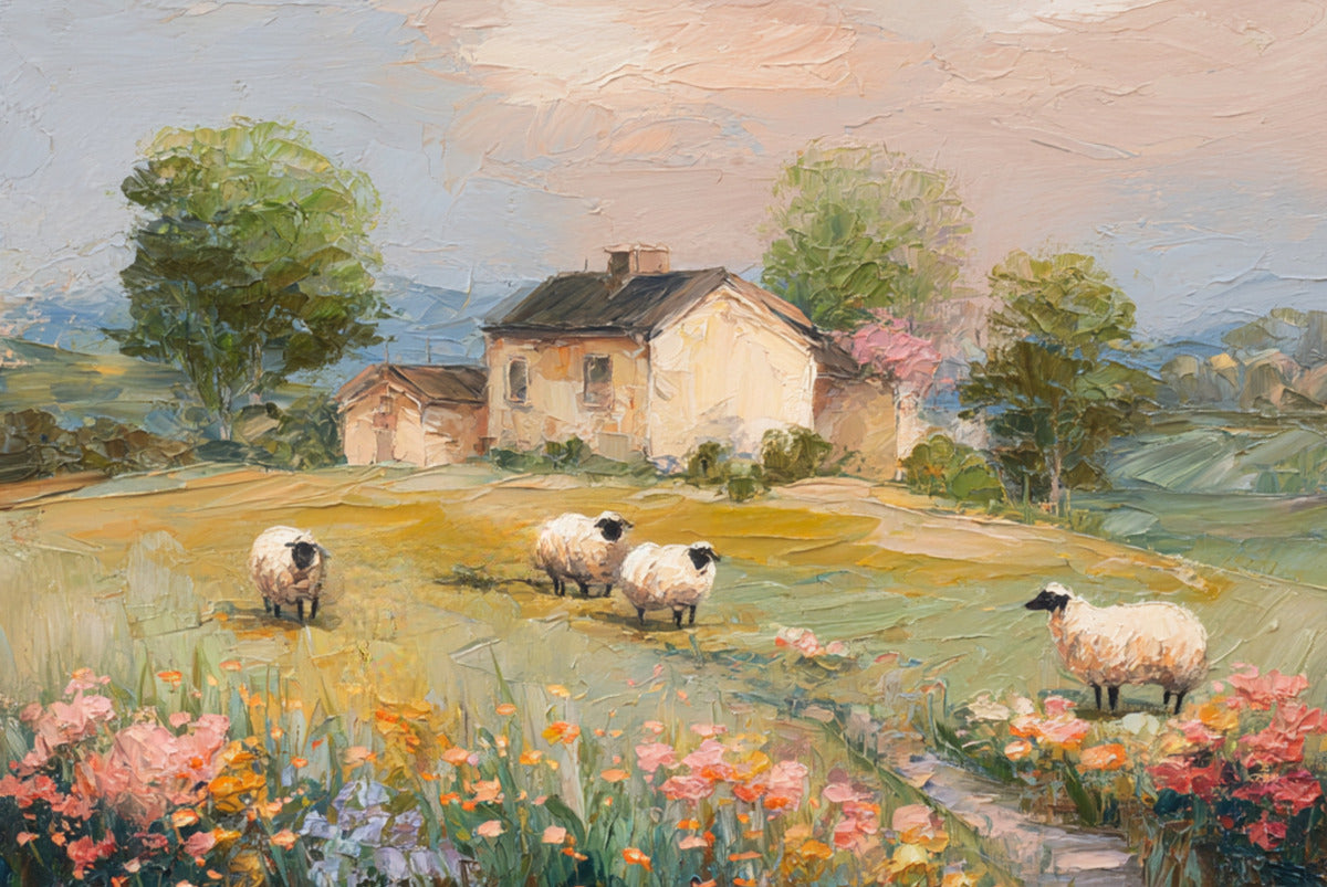 Cotswolds Sheep Farm |Impressionist Print|English Countryside Art| Sheep & Wildflowers Wall Art| Giclée on Canvas, Wood, Metal & Fine Art Paper