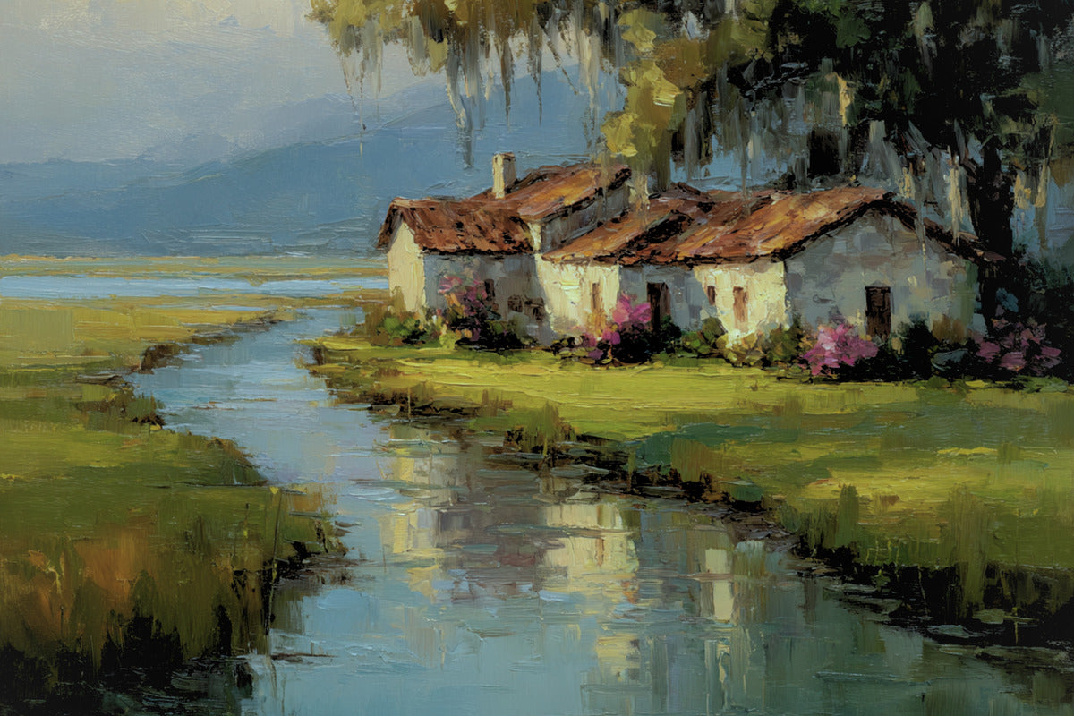 Spanish Moss Cottage – Impressionist Lowcountry Marsh Painting, Southern Coastal Wall Art, Giclée on Canvas, Wood, Metal & Fine Art Paper