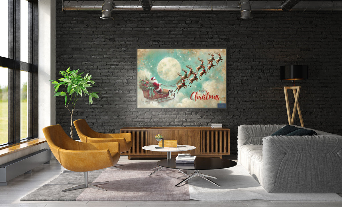 Merry Christmas to All| Santa in his Sleigh Holiday art| Prints and Canvas-Giclee Paper- Wood- Metal