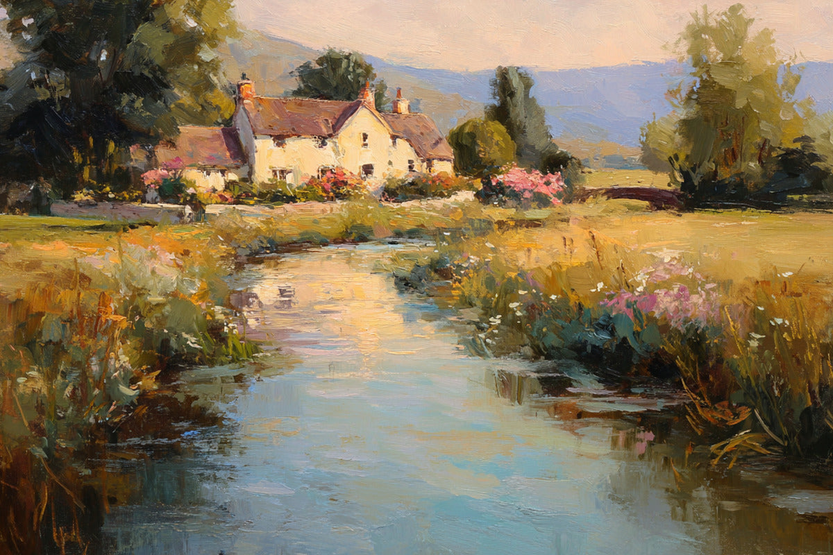 Cotswolds Sheep Farm – Impressionist English Countryside Painting, Sheep & Wildflowers Wall Art, Giclée on Canvas, Wood, Metal & Fine Art Paper