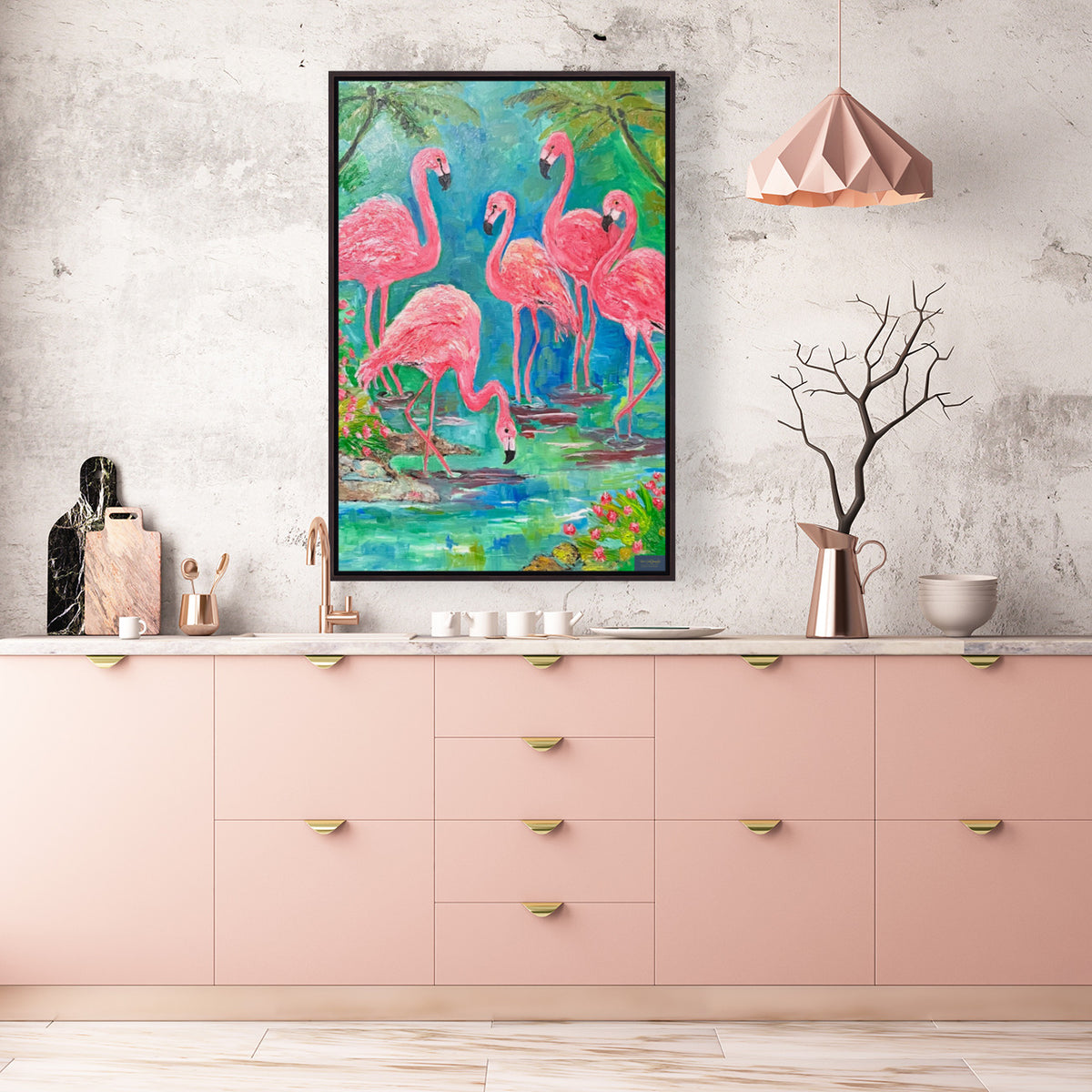 Pink Flamingo Paradise|Tropical Birds| Giclee Paper- Wood- Metal- Canvas