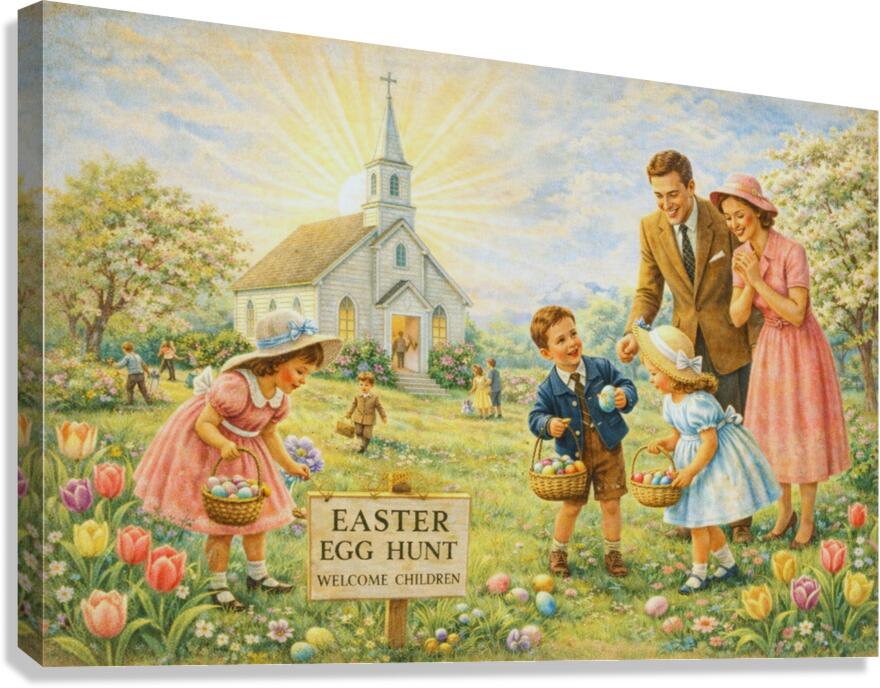 Easter Egg Hunt At the Country Church | Giclee Paper, Prints, Canvas, Wood, or Metal Art