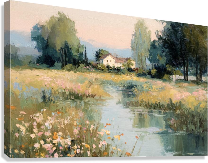 Gentle Waters Cottage – Impressionist Stream and Wildflower Painting, Cottage Garden Wall Art, Giclée on Canvas, Wood, Metal & Fine Art Paper