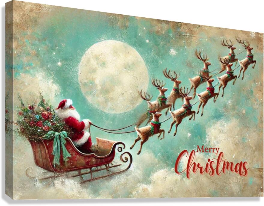 Merry Christmas to All| Santa in his Sleigh Holiday art| Prints and Canvas-Giclee Paper- Wood- Metal