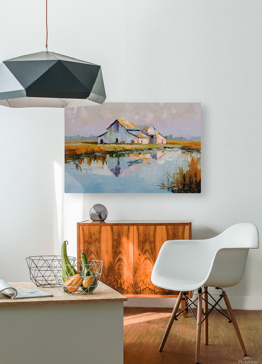 Still Water Farm – Impressionist Barn Reflection Painting, Farmhouse Wall Art, Giclée on Canvas, Wood, Metal & Fine Art Paper