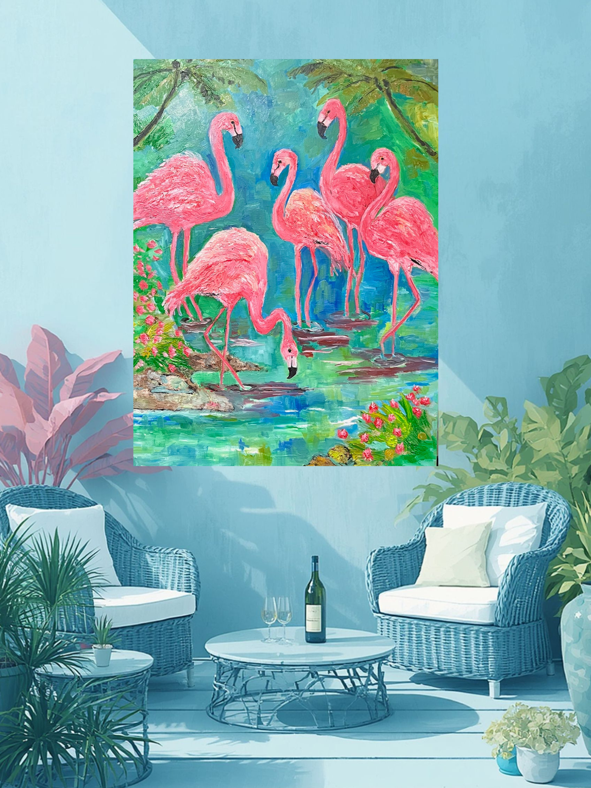 Pink Flamingo Paradise|Tropical Birds| Giclee Paper- Wood- Metal- Canvas